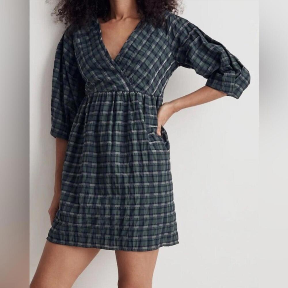 NWOT Madewell Green Plaid Women’s V Neck Dress Sz Sm